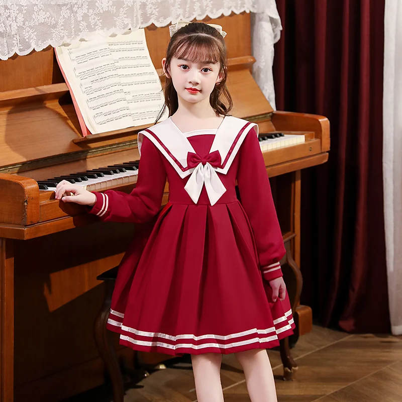 

2022 Autumn Winter Girl College Style Pleated Dress Navy Bow Children's Birthday Party princess Dresses Communion Sweet Costume
