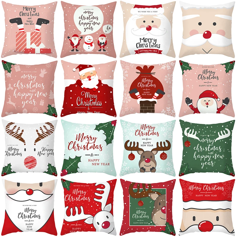 Funda De Cojín Navideña De Lino 45x45cm - 'Feliz Navidad' Con Ciervos Y Copos De Nieve - Rojo