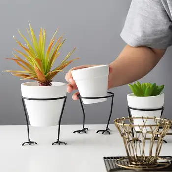 

1Pc Flowerpot Chicken Feet Iron Frame Coarse Pottery Flower Pot Simple Succulent Flower Basin Absorbent Flowerpot (White)