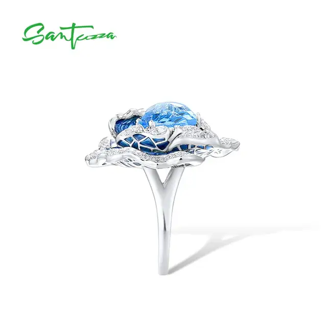 SANTUZZA Silver Ring For Women Pure 925 Sterling Silver Elegant Blue Blooming Flower Trendy anillos Fine