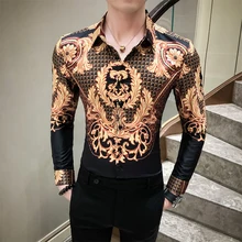 Men's Social Shirt Long Sleeve Luxury Silk Dress Shirt Man Vintage Gold Printed Shirt Black Casual Slim Fit Male Fashions Blouse