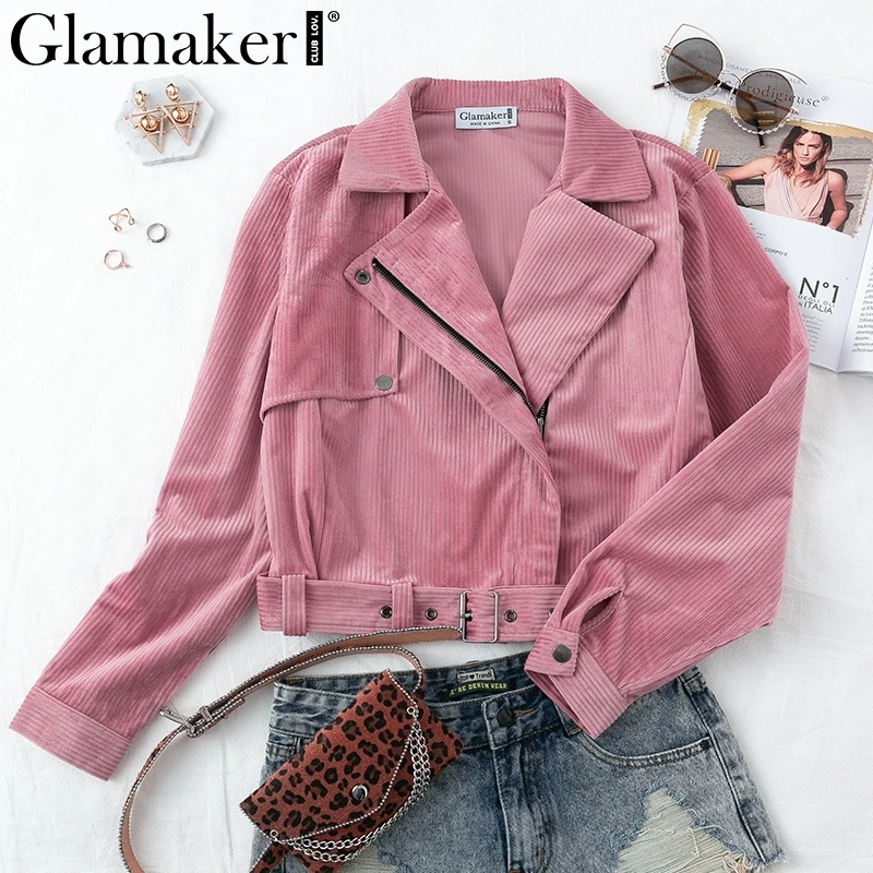 Very best  Glamaker Corduroy pink casual coat Women winter autumn belt female basic short jacket 2019 Ladies f