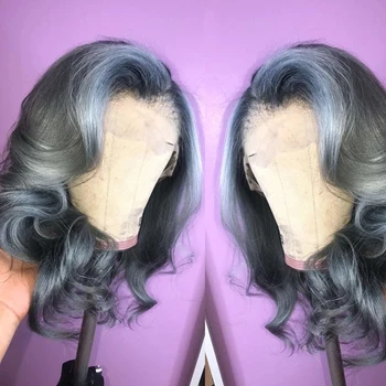 

Ombre Gray Human Hair 180 Density 13*4 Lace Front Wig Deep Wave Side Part Soft For Black Women With Baby Looking Natural