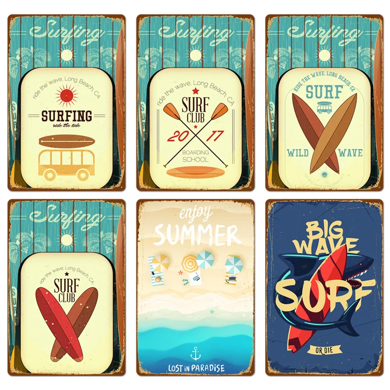 

American Style Surf Club/Slogan Words Retro Metal Tin Sign The Waves Art Decor Iron Poster Bar Pub Home Decor Wall Art Paintings