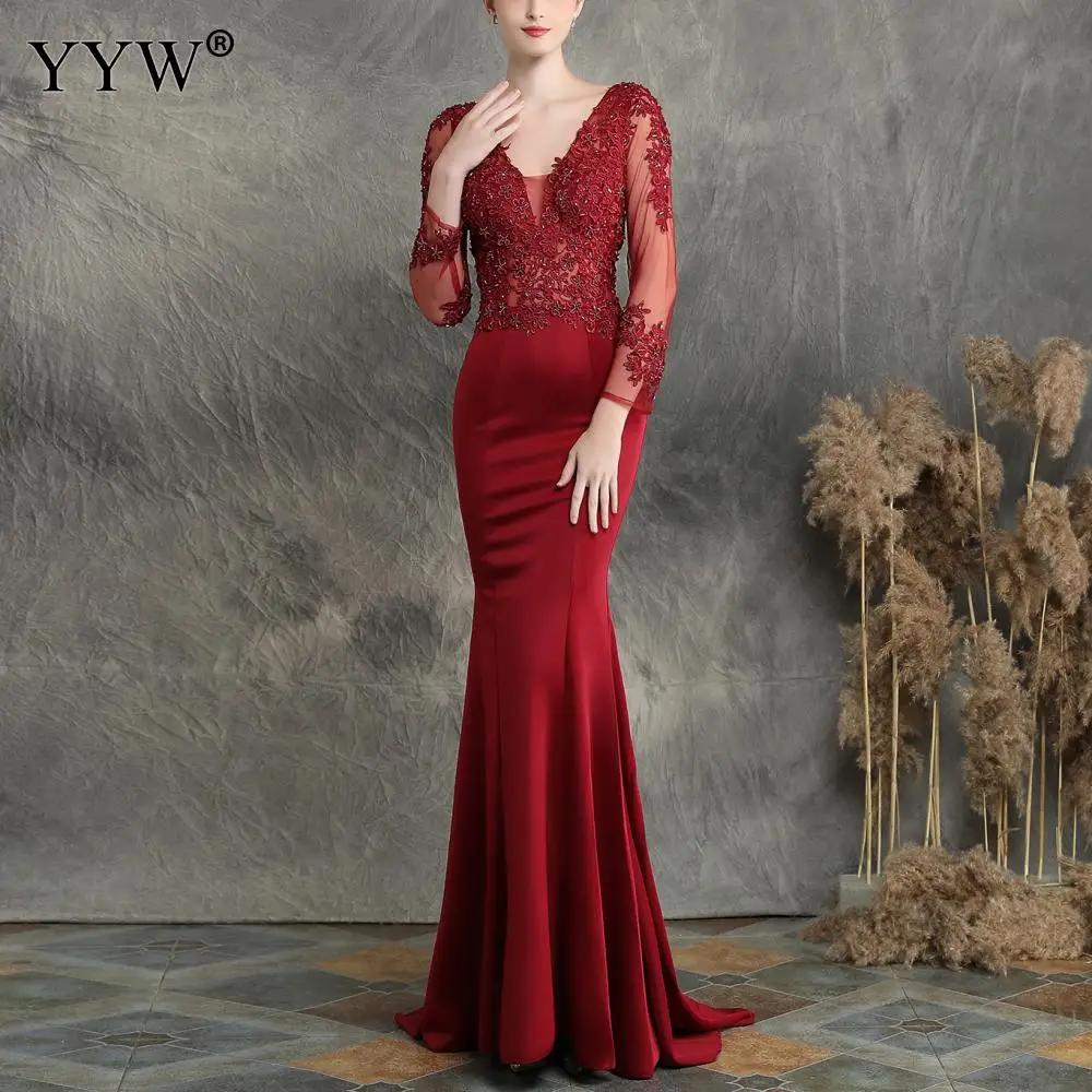 Women Evening Dress V Neck Applique Mesh Sleeve Sexy Robe De Soiree Backless Mermaid Elegant Long Party Dress Femme Formal Gowns