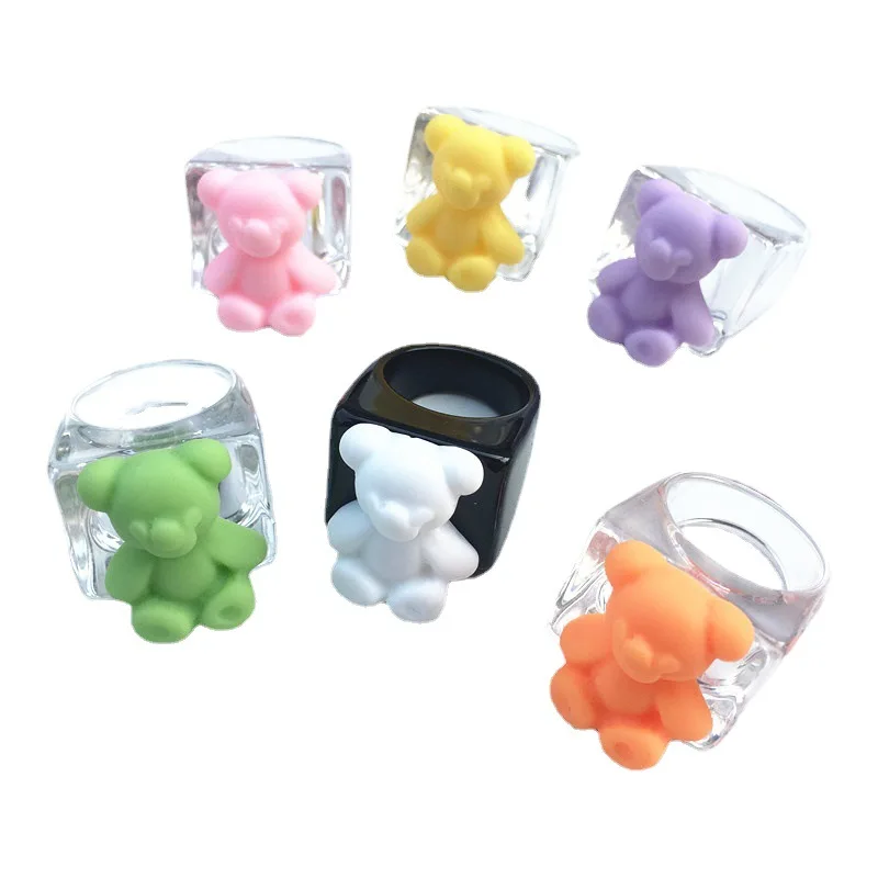 Cute Funny Bear Animal Acrylic Rings For Women Cartoon Colorful Resin Transparent Wide Finger Ring For Girl Party Jewelry Gift