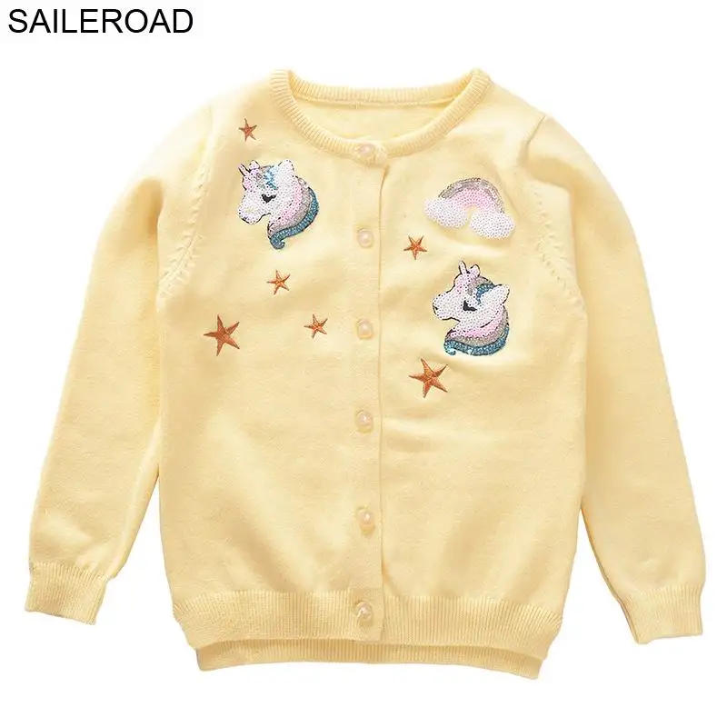 

SAILEROAD 2-7Years Baby Girl Clothes Sweater Unicorn Paillettes Girls Cardigan Autumn Embroidery with Sequins for Kids Sweater