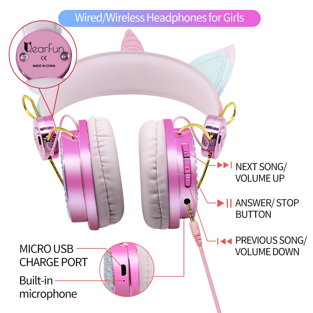 Girl Kid Unicorn Wireless Headphone With For PC TV Laptop Bluetooth Transmit Cute Phone Music Helmet For online lessons and Live