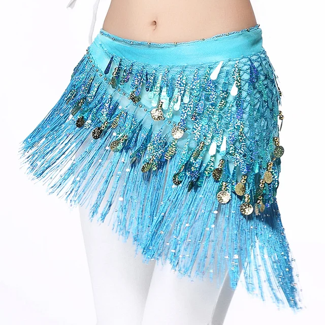 Women Belly Dance Clothing Accessories Teardrop Paillettes Fringe Wrap Elastic Base Tie-Dye Triangle Belts Coins Hip Scarf Turquoise with sequi