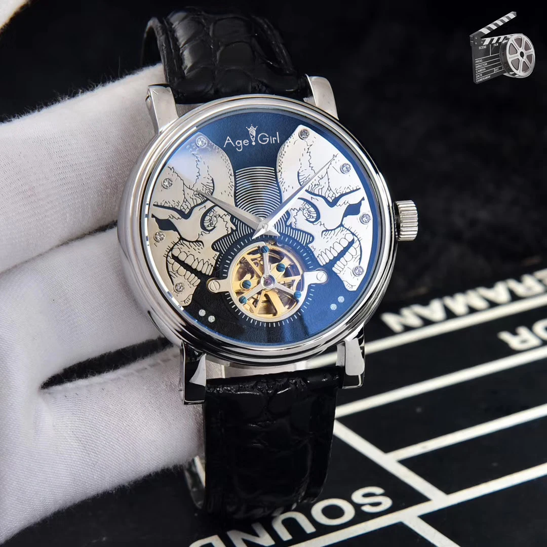 

Luxury Brand New Men Automatic Mechanical Watch Black Leather Silver Rose Gold Tourbillion Sapphire Watches 42MM AAA+