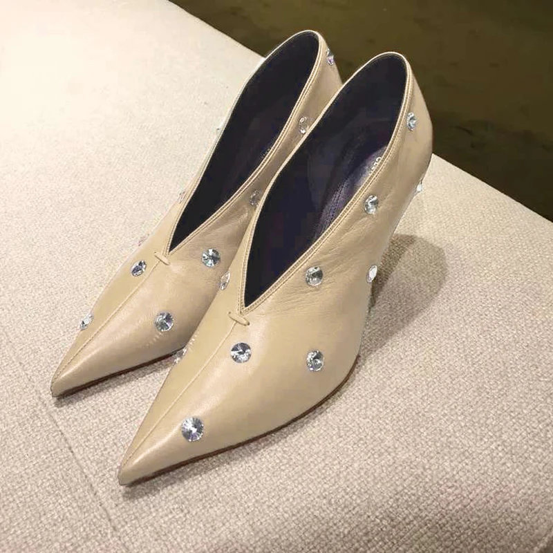

2020 spring new pointed rhinestone white v-shaped mouth high heels Womens shoes black heels Pumps talon femme Sexy Ladies Shoe