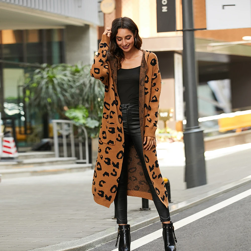 CGYY Women Leopard Print Long Sleeve Knittd Cardigan Open Front Autumn  Winter Sweater Outwear Coat with Pocket - AliExpress
