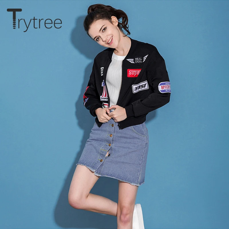 Trytree осень зима женская блузка повседневное пальто с круглым вырезом на молнии с буквенной аппликацией модное офисное женское черное короткое пальто Топы