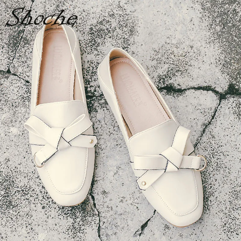 Shoche Plus Size Flat Shoes Women Working Shoes Casual Office Slip-On Black Apricot Flats Ladies Loafers 35-42