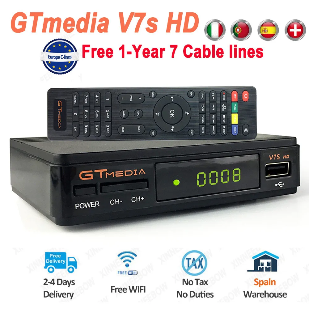 Black GTmedia V7S HD цифровой спутниковый ресивер бесплатно 1 год Европа 7 кабельных линий DVB-S2 V7S HD Full 1080P+ USB WiFi обновление Freesat - Color: Black