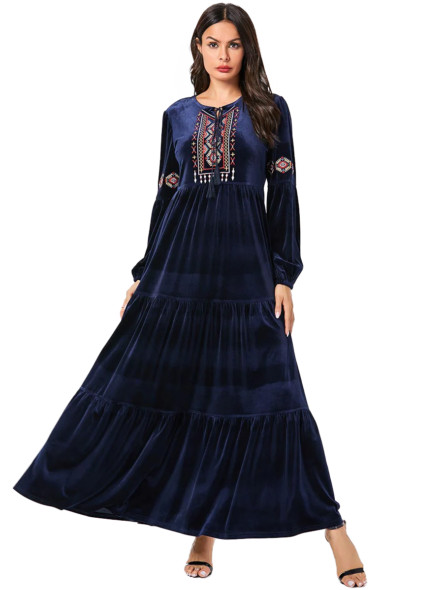 Navy Blue Негабаритных женщин вельветовое платье вышивка зима Макси Абая халат длинные Хиджабы мусульманских свободные Дубай Арабский исламский туб - Цвет: Navy Blue