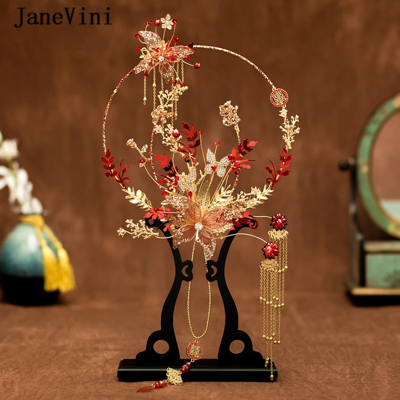 

JaneVini Unique Beaded Chinese Red Bridal Bouquets Fan Type Handmade Flowers Metal Round Fan Tassels Wedding Jewelry Accessories