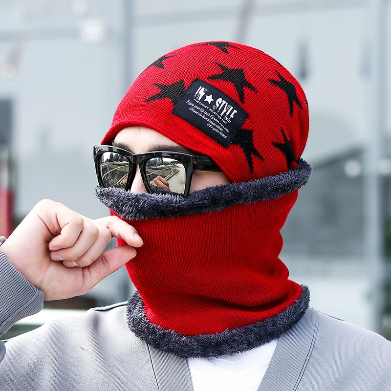 2 шт модные унисекс Зимние защитные вязанные шапочки Skullies& Beanies с воротником шарфы зимняя шапка для мужчин шапочка