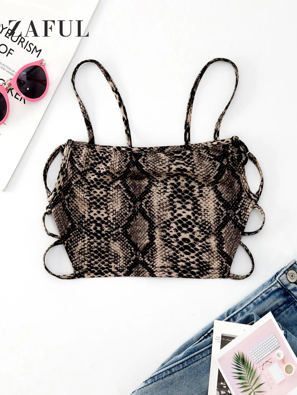 

ZAFUL Snake Print Strappy Open Back Cami Top