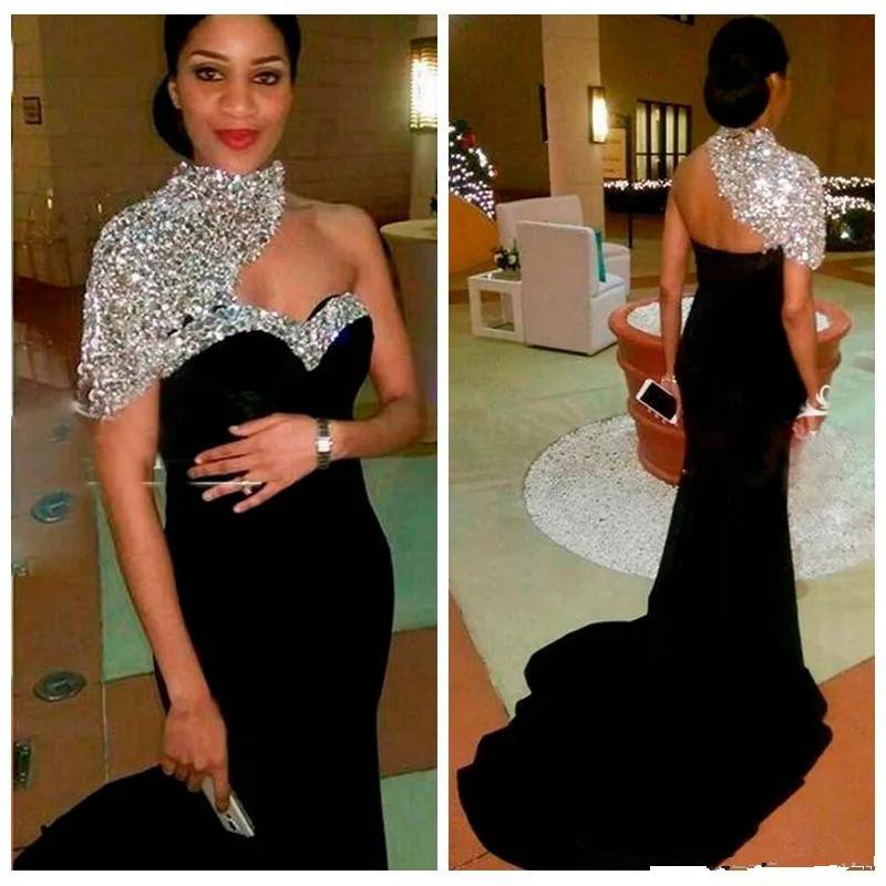 

2020 Bling Bling Elegant Black Long Mermaid Evening Dresses High Neck Crystal Beaded Short Sleeves Women Crystal Beaded Formal