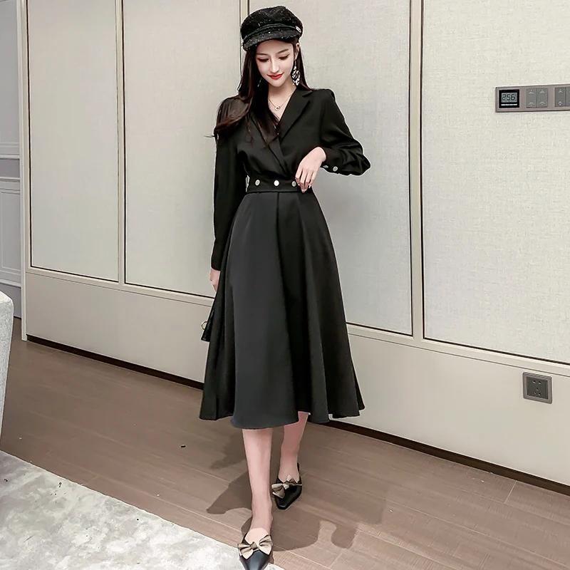 2019 новое зимнее женское черное плиссированное платье с длинным рукавом