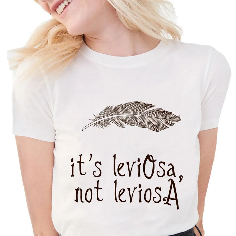 

It's LeviOsa not LeviosA Letter graphic Print tees Soft Casual White T shirts Tops New Fashion Funny Feather T Shirts Women Tees