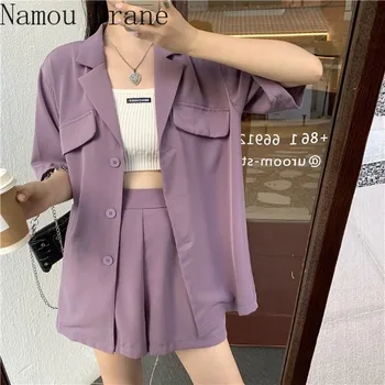 

2020 Korean Sets Short Sleeve Single Breasted Blazer High Waist Suit Shorts Lady Solid Color Fashion 2 Piece Set Women