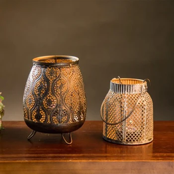 

Pack of 2 Retro Nostalgic Wrought Iron Glass Hollow Light Candlestick Candle Holder Wedding Restaurant Table Decoration Gift