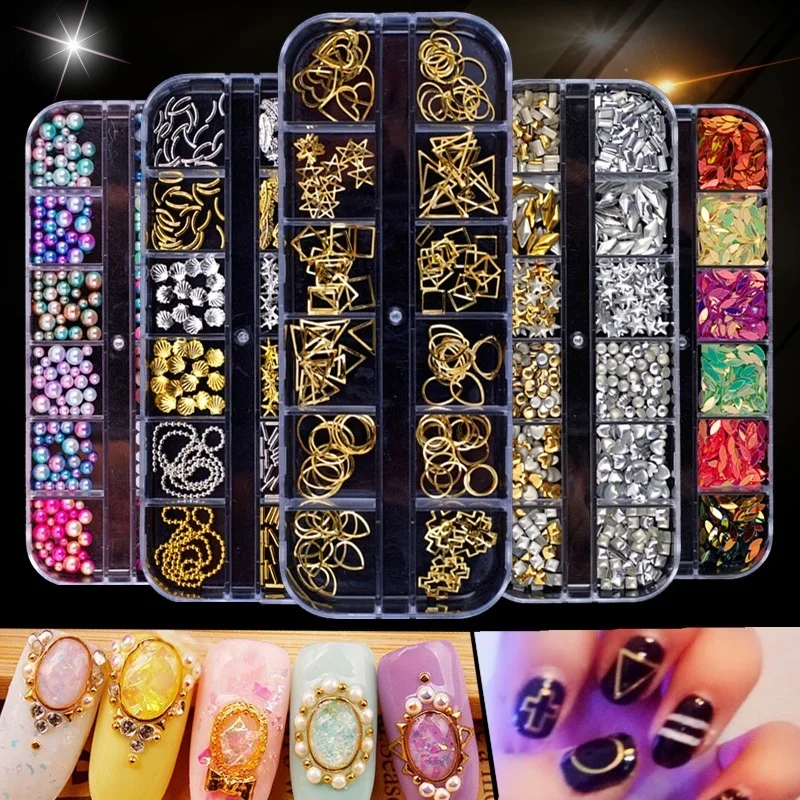 

1 Box Gold Silver Hollow 3D Nail Art Decorations Mix Metal Frame Nail Rivets Shiny Studs Star Moon Shape DIY Tips Accessories