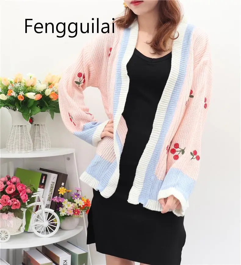 FENGGUILAI Womens Autumn Thin Sweater Cardigans Plus Size Sweet Cherry Embroidery Kawaii Patchwork Sweater Knitted Wear Female FENGGUILAI Womens Autumn Thin Sweater Cardigans Plus Size Sweet Cherry Embroidery Kawaii Patchwork Sweater Knitted Wear Female