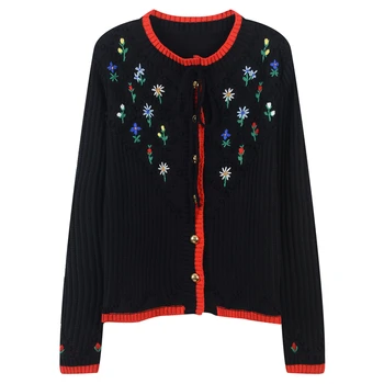 

Retro Flowers Embroidery Cardigan Sweater Women Single Breasted Female Hairball Coat Rhombus Plaid Knit Top Lace Up Pull Femme