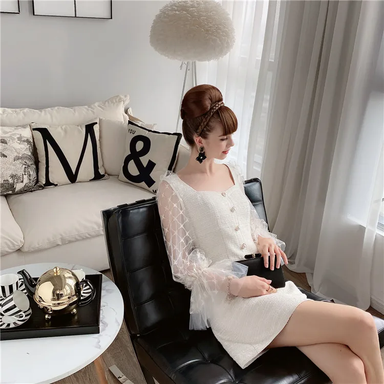 Dabuwawa Vintage Mesh Lantern Sleeve A-Line Dress Women Square Neck Button Front Elegant Solid Party Dress Ladies DT1CDR018