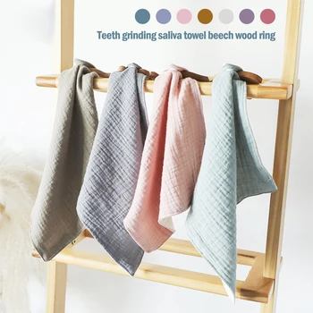 

1pcs Baby Bibs Cotton With Wooden Teether Rodent Animals Koala Newborn Solid Color Snap Button Soft Triangle Towel Burp Cloths
