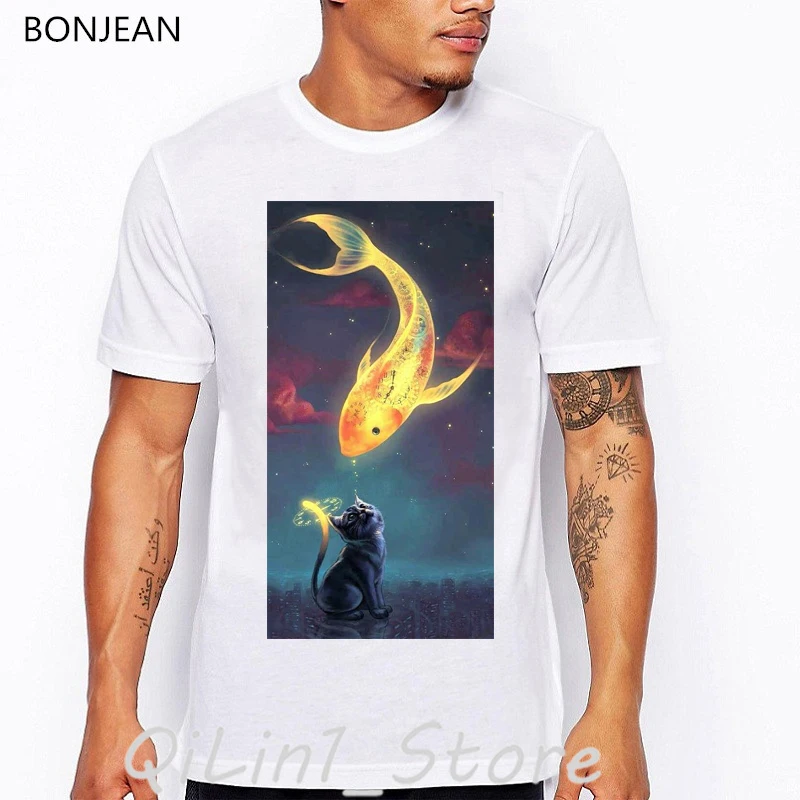 Men’s t-shirts cat and goldfish print vintage 3d t shirt men cool hip hop oversized tshirt summer clothes tops tees funny shirt