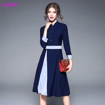 

2019 autumn and winter new women's European and American style temperament collar collar color stitching Slim A word dress