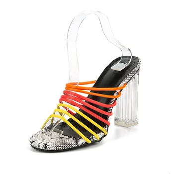 

2019 New sexy multi snake print sandals women open toed mixed color transparent block heel sandals crystal slippers pumps