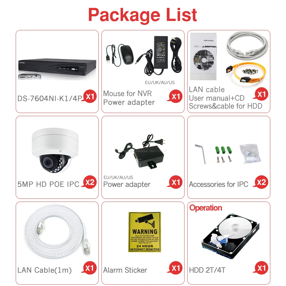 4CH CCTV системы 2 шт. ультра 5MP безопасности POE, купольная IP камера с Hikvision 4 POE NVR DS-7604NI-K1/4 P DIY комплекты видеонаблюдения