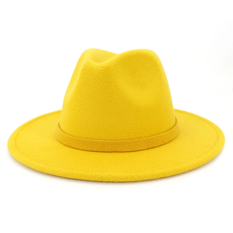 Yellow jazz hat FS новая шерстяная фетровая джазовая шляпа для мужчин и женщин с широкими полями шерстяная зимняя фетровая Панама шляпа Трилби Кепка вечерние шляпы 13 цветов - Цвет: Yellow jazz hat