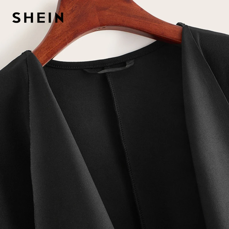 Ceny SHEIN czarny wodospad kołnierz asymetryczne Hem płaszcz z paskiem kobiety płaszcze 2019 jesień stałe 3 4 długość rękawa codzienna odzież wierzchnia
