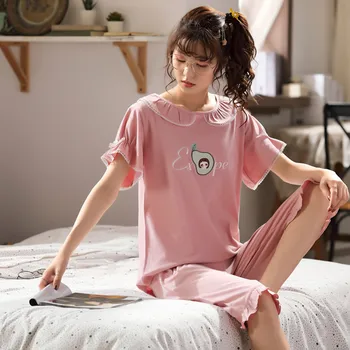 

Summer Round Neck Women's Short-Sleeved Cropped Pants Casual Girl's Leisure Tops Combed Cotton Women's Pajamas Sleepwear