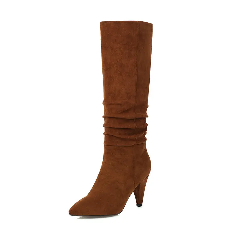 Fashion Pleated Knee High Boots Winter Women Boots Cone High Hees Autumn Long Boots Pointed Toe Wedges Boots Ladies Shoes