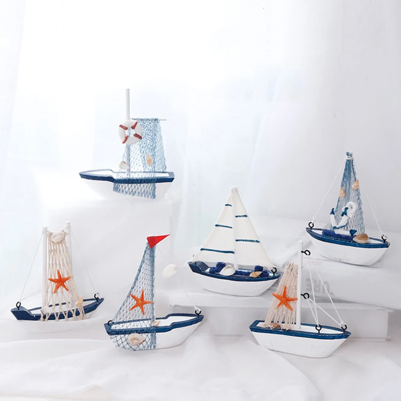 

Mediterranean Style Mini Sailing Boat Model Nautical Ornament Home Decoration Sailing Boat Model Canvas, Sea Anchor, Red Flag