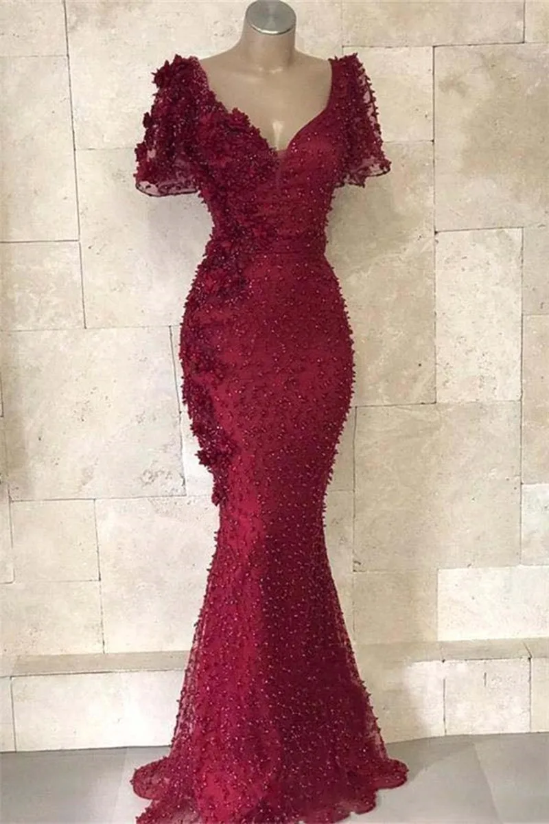 2022 New Burgundy Mermaid Prom Dresses V Neck Short Sleeves 3D Flowers Pearls Floor Length Evening Party Gowns Robe de soiree beautiful prom dresses