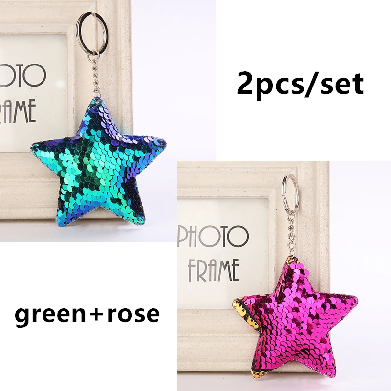 2pcs set 6 Блестящая блестящая цепочка для ключей со звездой и сердцем на день рождения, свадьбу, Рождество, подарок для детей, вечерние игрушки, сувениры для девочек, сумки, украшения, подвески с автомобилем - Цвет: 2pcs set 6