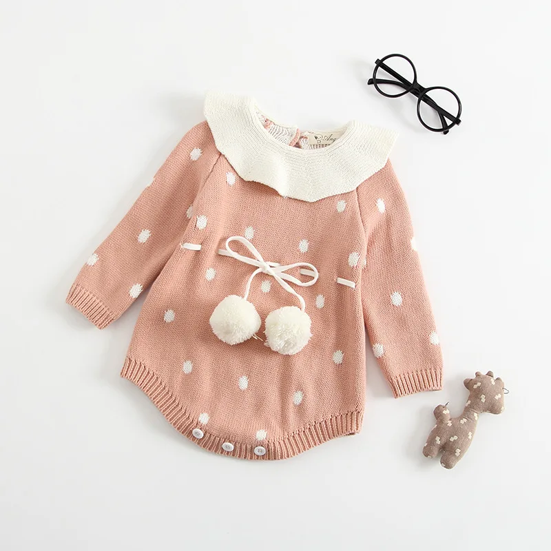Осенне-зимняя Милая Одежда для маленьких девочек; вязаная одежда для малышей ручной работы; утепленная одежда в горошек с листьями лотоса