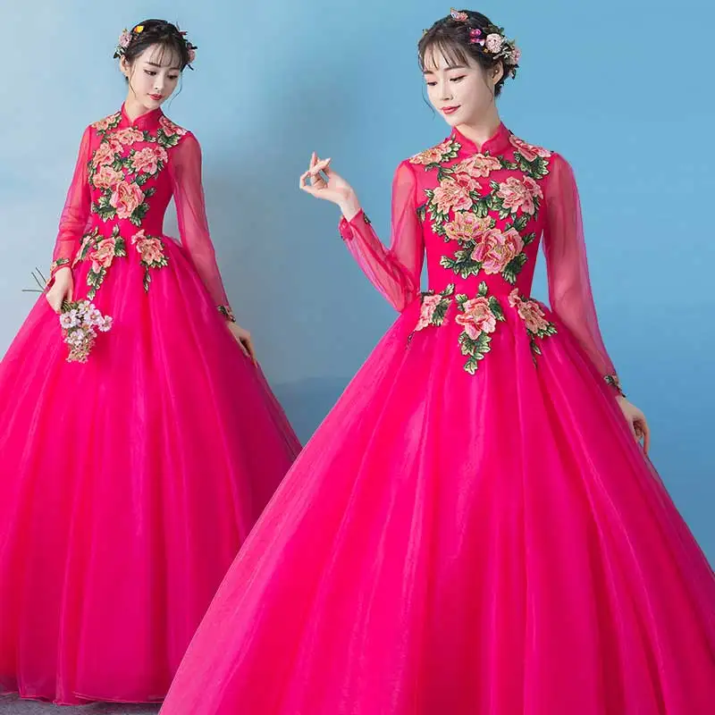 Trajes De Quinceaneras новые платья с высоким воротом и длинным рукавом, кружевные платья с цветами размера плюс, платье для выпускного вечера на заказ