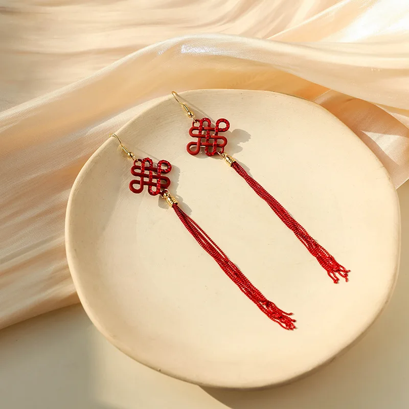 Популярный традиционный праздник красный фонарь китайский узел Карп Рыба длинные кисточки Висячие серьги для женщин ювелирные изделия Pendientes
