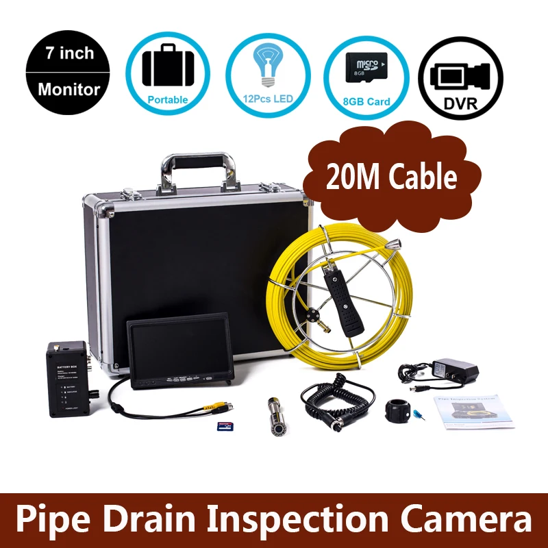 

23mm 1000TVL Waterproof Pipe Drain Inspection System With DVR Recoorder 20m Cable 7'' LCD Screen Industrial Endoscope Camera