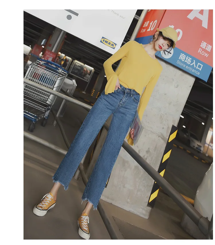 Spring New Jeans Women Streetwear Light Blue Skinny Pants Stretch Destroyed High Waist Frayed Straight Jeans
