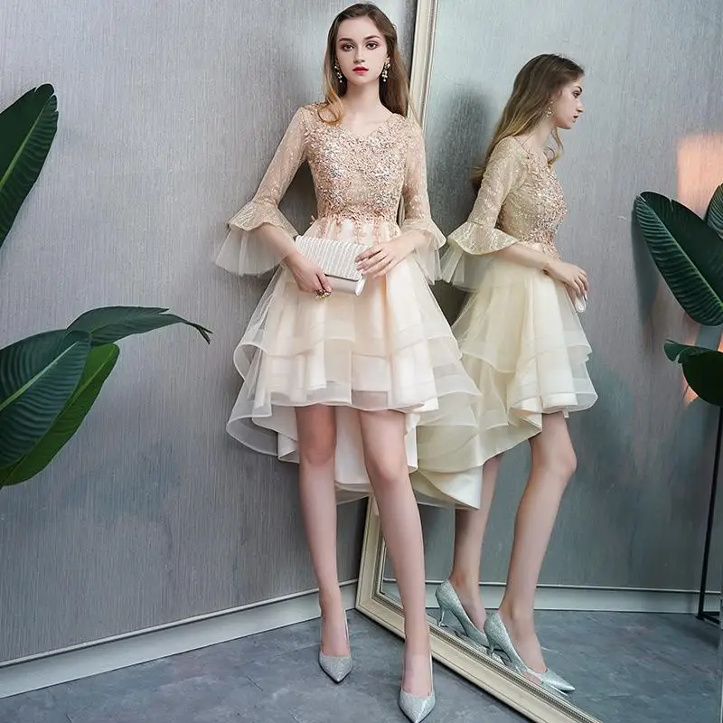 Изысканное женское вечернее платье, сексуальное, цвета шампанского, Qipao, короткое, до Cheongsam, элегантное, с расклешенными рукавами, Сетчатое, Vestidos De Festa - Цвет: Champagne Mesh